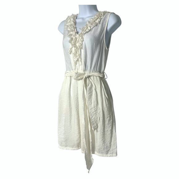 Ruffle Neck Mini Dress M Gathered Sleeveless White Gauzy Cottage Feminine Bridal - Picture 1 of 11